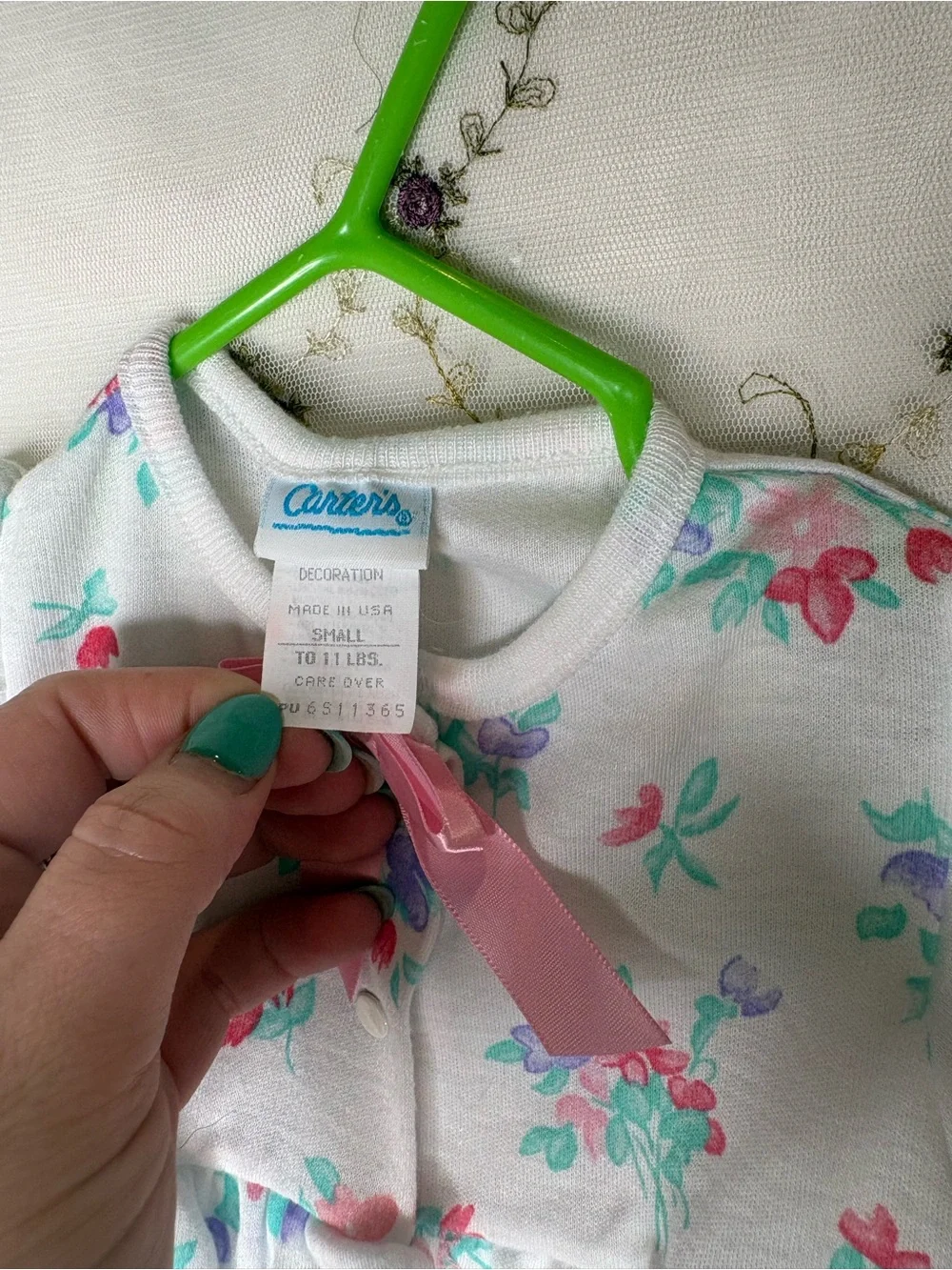 White Floral Baby Footed Vintage Sleeper with Pink Bow
